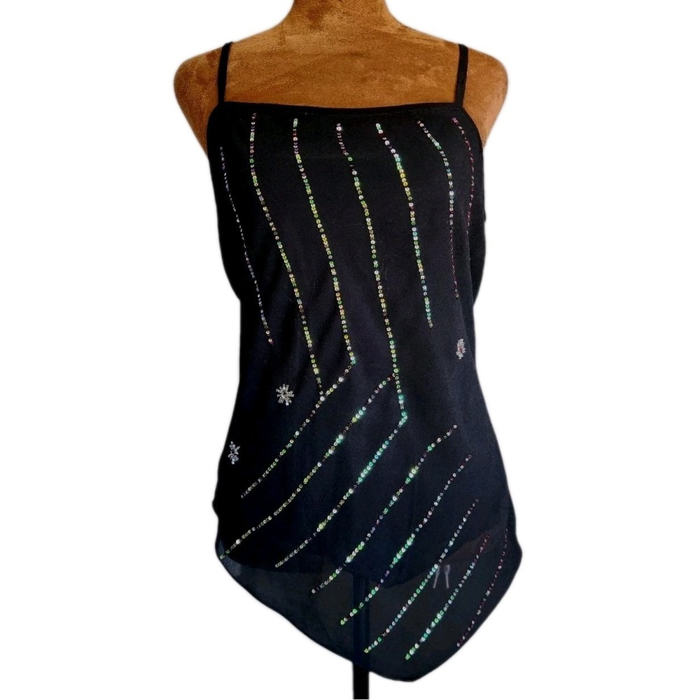 Y2K Asymmetrical Cami Top Black Sequin Beaded Lined Whimsigoth Fairycore Arden B